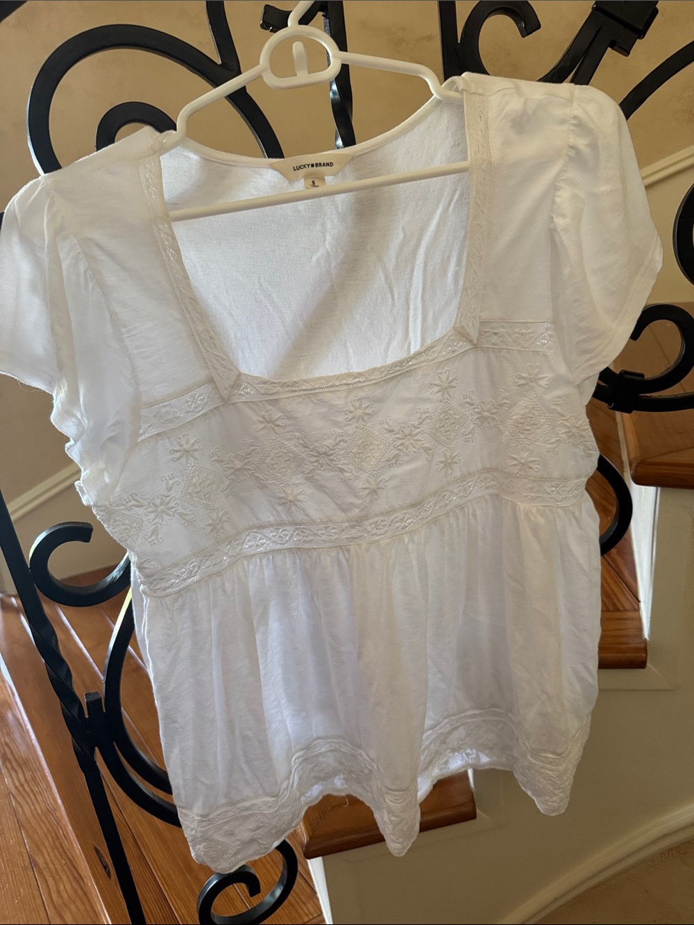Lucky Brand White Embroidered Square-Neck Peasant Top